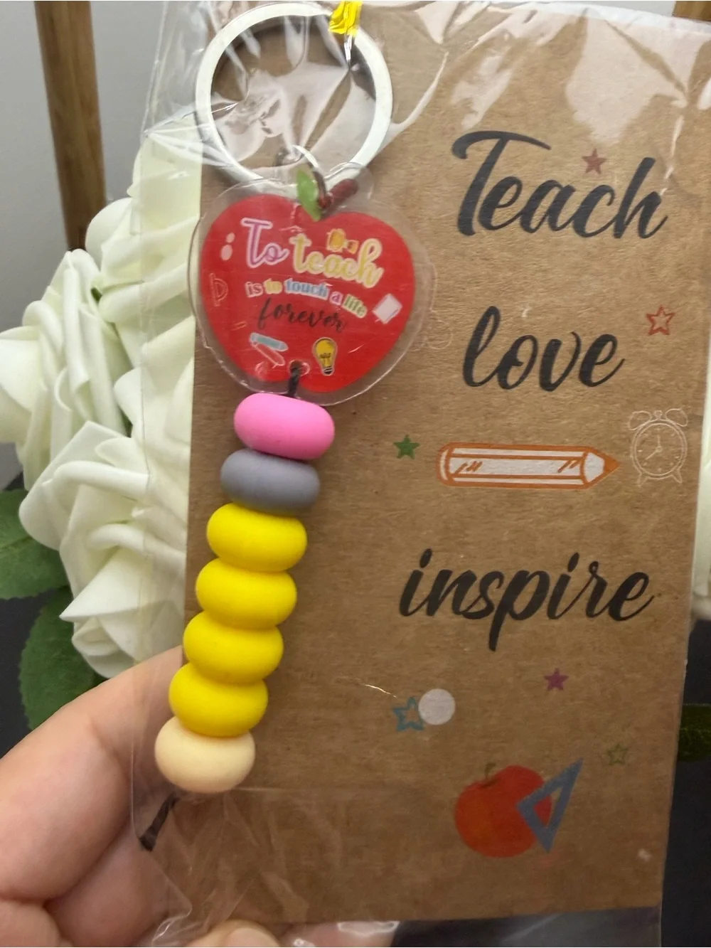 Teach Love Inspire Yellow & Pink Teacher Keychain
